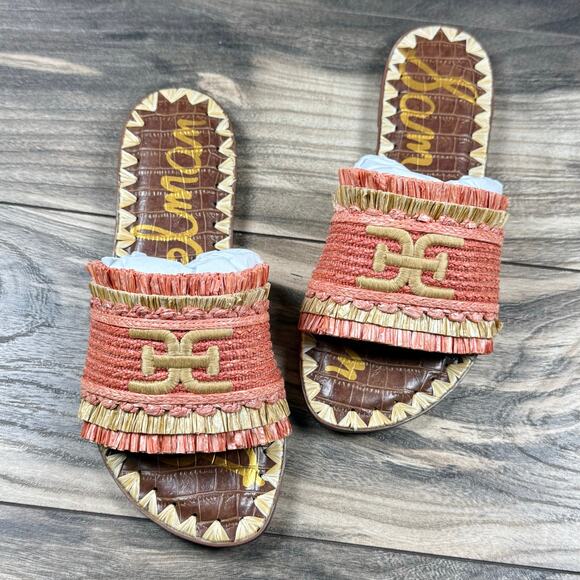 NIB Sam Edelman Georgia 7M Orange Raffia Flat Slide Sandals Resort Beach - Picture 5 of 12